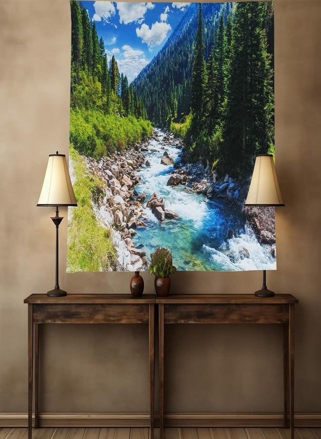 TUGCAY Nature Forest Mountain Tapestry Green Pine Tree Stream Tapestry White Clouds Flowing River Valley Landscape Scenery Tapestries Wall Hanging for Bedroom Dorm Living Room Office Classroom 60 x 40 Inch - Image 3